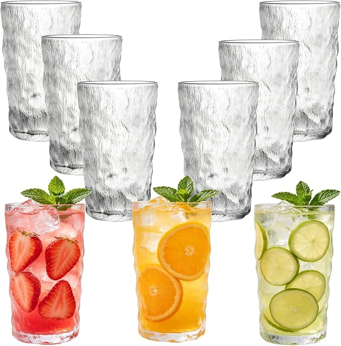 Frcctre 9 Pack Vintage Drinking Glasses, 13 oz Romantic Water Glasses Tumblers Hammered Glacier Beverage Tumblers Vintage Glassware Set for Beverages, Juice, Beer, Water, Cocktails, Whiskey
