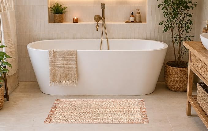 COTTON CRAFT Woven Area Rug - 2 Pack Reversible Boho Farmhouse Rustic Cotton Throw Rug Carpet with Fringe - Machine Washable Mat for Bedroom Living Room Entryway Bathroom - 22x34 - Terracotta Natural