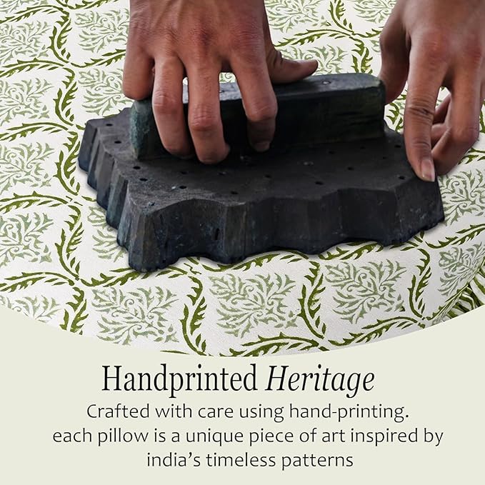 CPC Fern Regal Hand Block Print 100% Cotton Ruffle Throw Pillow Cover 24x24 inch with Hidden Zipper Decorative for Couch, Bed, Sofa, Farmhouse, Cottagecore Decor Gift Christmas Fall Thanksgiving