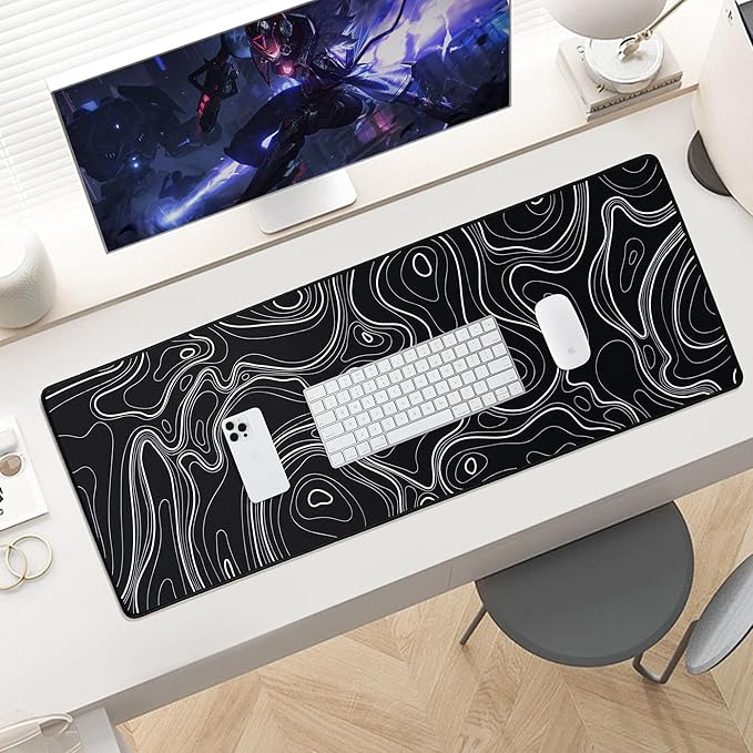 ALOANES Waterproof Mouse Pad with Durable Stitched Edge, XL Gaming Keyboard Pad, Non-Slip Rubber Base, Extended Desk pad for Gamer, Office & Home, Black Topographic Map Mousepad 31.5"x 11.8"x 0.12"