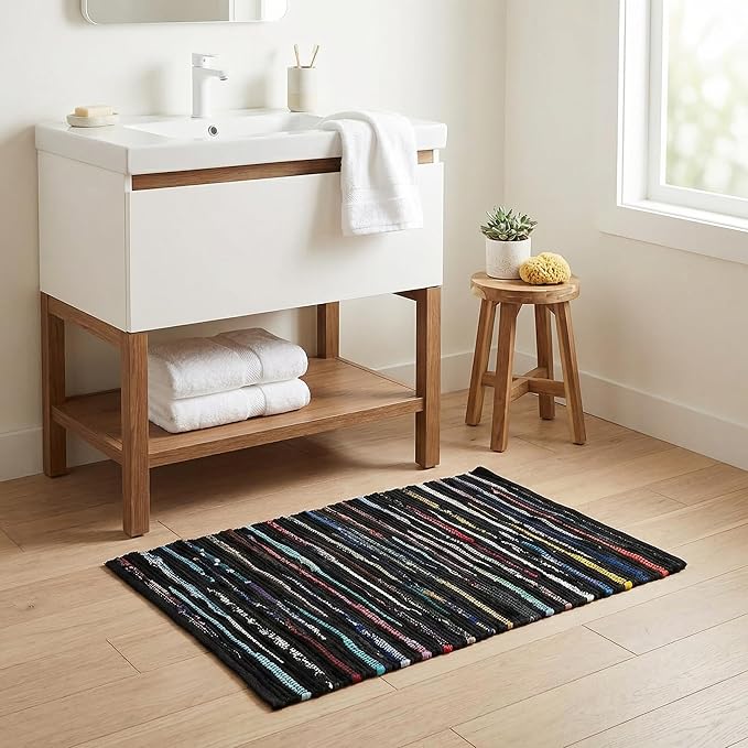 Cotton Hosiery Hand Woven Area Rug 2x3 Feet - Dark Multi, Accent Decorative Farmhouse Reversible Throw Indoor Carpet Ideal for Entryway, Kitchen, Laundry | Black Small Soft Floor Mat for Nursery