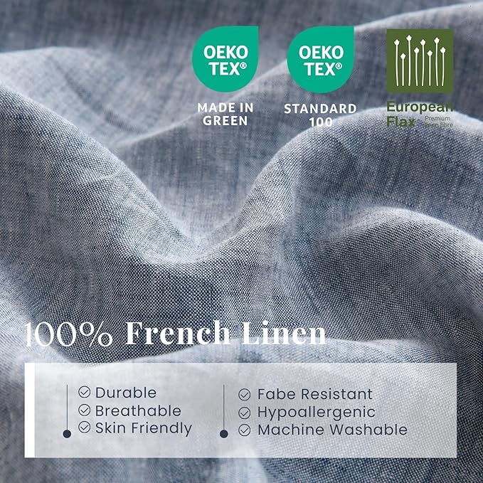 S VICTORY SYMBOL 100% Organic Linen Duvet Cover Set Queen Size,Pure French Flax Bedding Set 3 Pieces(1 Comforter Cover and 2 Pillowcases) Blue Denim,Yarn Dyed Natural Linen Bedding