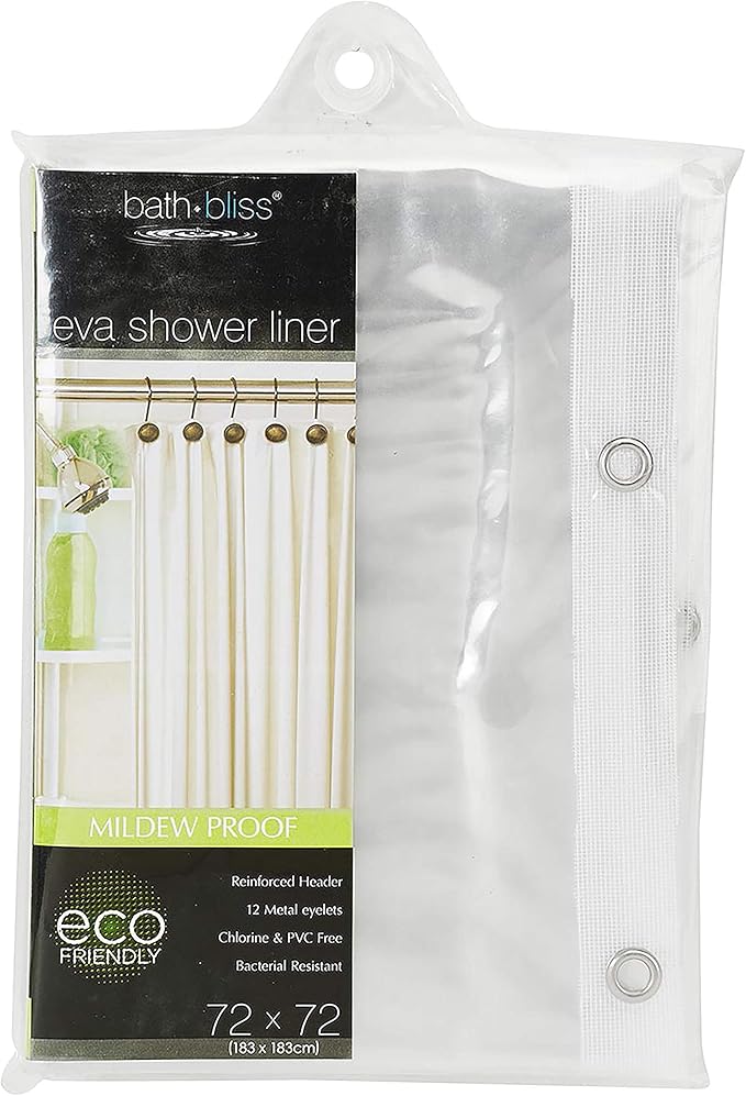 Bath Bliss 2 Pack Shower Liner in Clear | Dimensions: 70"x72" | 12 Metal Reinforced Eyelets | Heavy Weight | Clear | Bathroom | Clean | Eco-Friendly