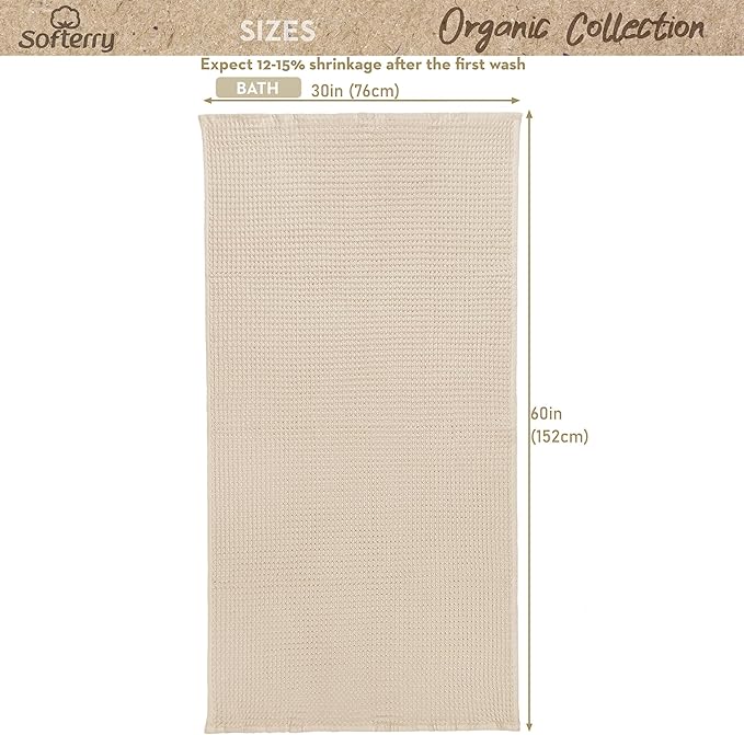 Softerry European Waffle Weave Bath Towel Set - 100% Organic Cotton - Quick Dry Lint Free Thin and Absorbent - Fade Resistant - Eco-Friendly (Set of 2 Bath, Natural)