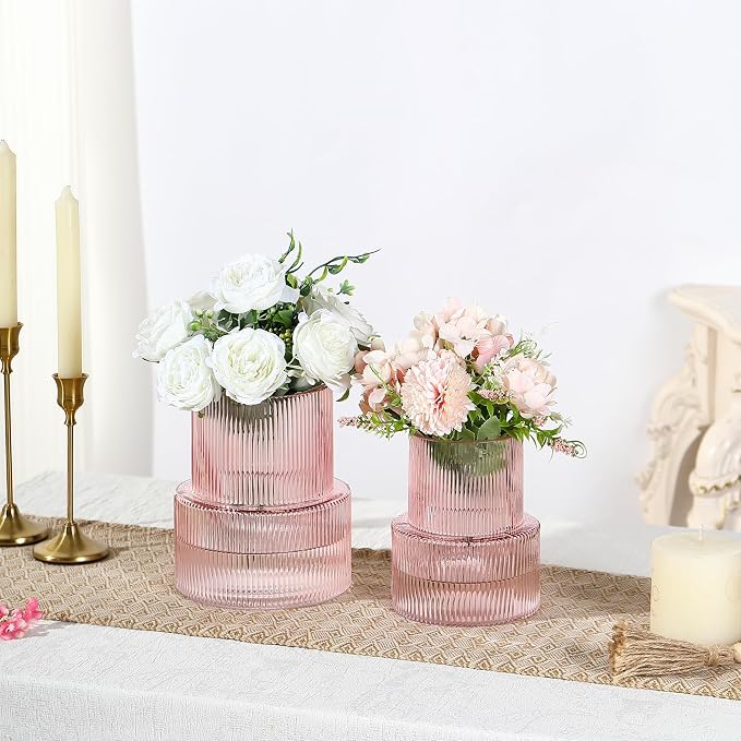 Ribbed Glass Vases for Bouquet, Set of 2 Pink Vases for Flowers, Pink Glass Vase for Tulips, Modern Vase for Living Room, Office, Coffe Table, Dining Table, Shelf, Wedding