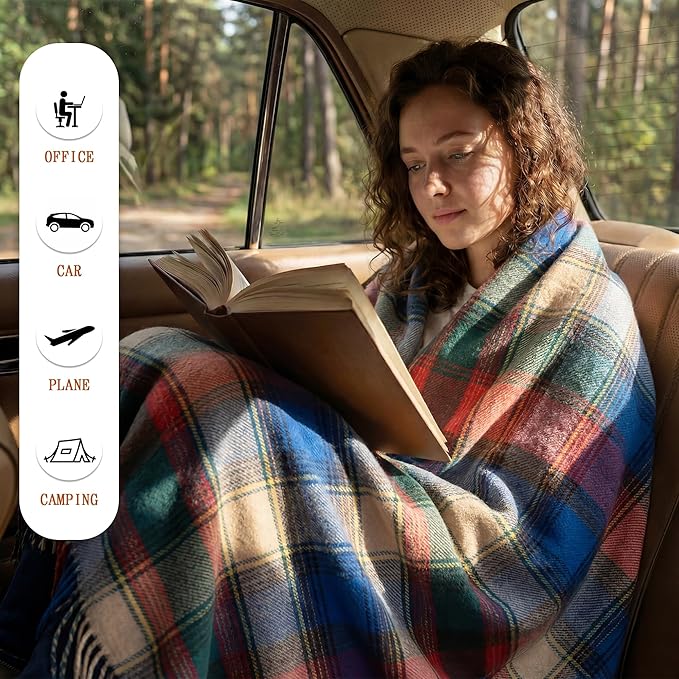 Soft Pure Wool Throw Blanket, Lightweight Warmth, 55"x83", Plaid, Fringe, Compact with Bag, Useful Gift for Women Men, All Season Decorative Cozy Travel Blanket for Couch Bed, Outdoors