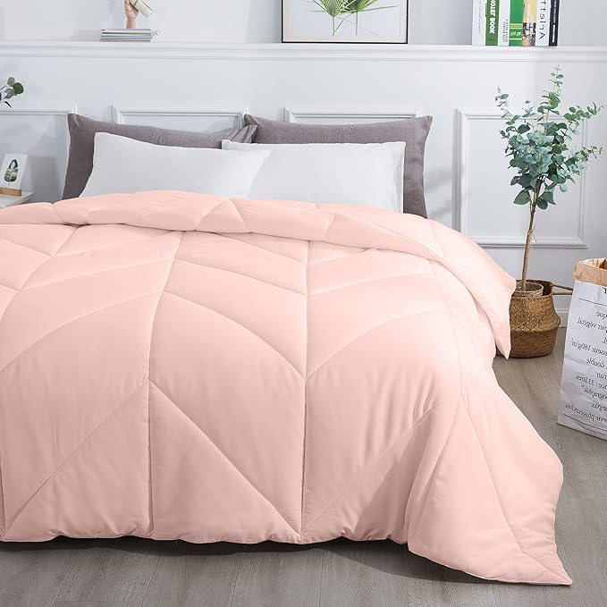 Feather and Loom Chevron Stitch Down Alternative All Seasons Comforter - Soft and Easy Care Microfiber Cover, Hypoallergenic High Loft Fiber Fill, Machine Washable Color: Blush Size: Twin