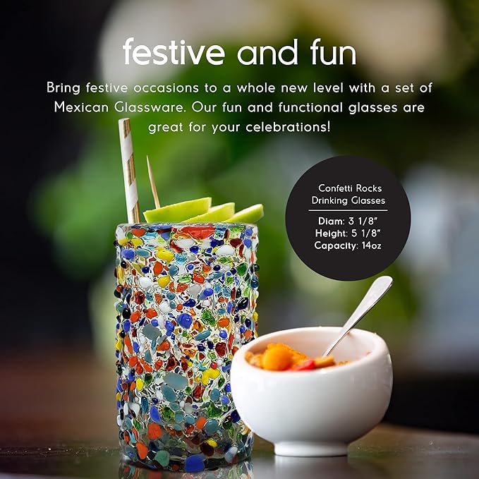 Confetti Rocks 14 oz Drinking Glasses (set of 6) Mexican Handmade Multicolor Glassware, Recycled Glass, Lead-free, Toxin-Free (Drinking)