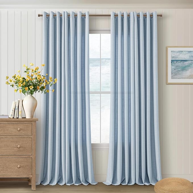 Light Blue Living Room Curtains 84 Inch Length 2 Panels Set, Faux Linen Semi Sheer Light Filtering Privacy Bronze Grommet Drapes Dusty Blue Boho Coastal Window Curtains for Boys Room 84 Inches Long