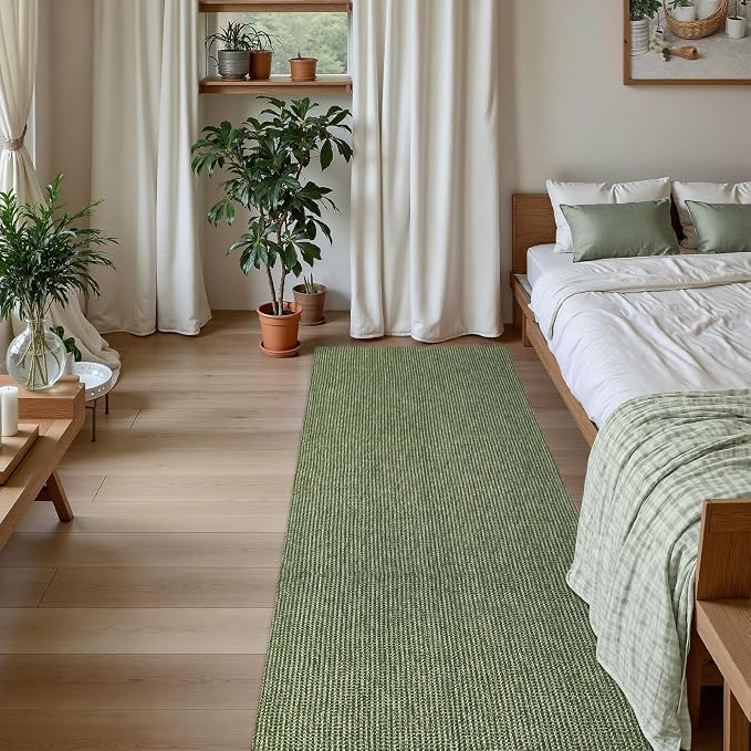 Uphome Kitchen Runner Rug, 2'6x10 Washable Boho Rug Runners for Hallways Non Slip, Low Pile Woven Cotton Modern Carpet Runners, Stain Resistant Bedroom Runner Rug for Hallway Entryway Entrance, Green