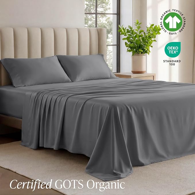 Bare Home 100% Organic Cotton Jersey Sheet Set, Ultra Soft, 100% Cotton - Sheet Set & Pillowcases - Deep Pocket Bed Sheets (Full, Grey)