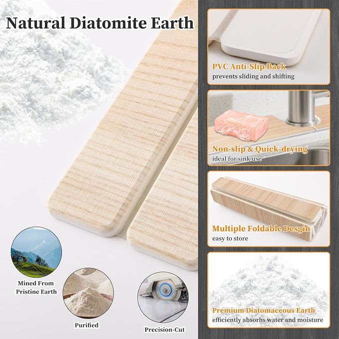 Diatomaceous Stone Drying Mat for Kitchen Counter with Sink Faucet Mat, Wooden Parrten Design Absorbent Quick Dry Dish Drying Mat Set, Diatomite Stone Slat Countertop Pad for Dishes, Cups
