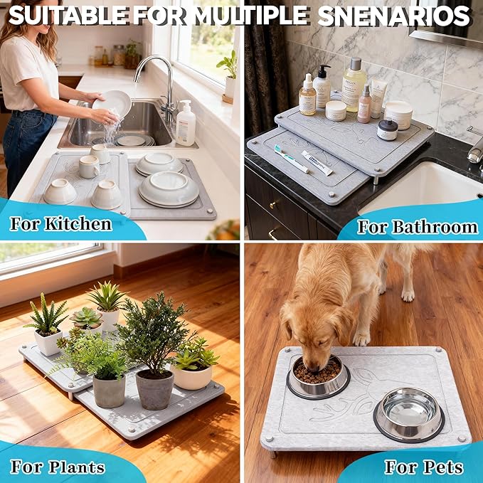 2Pcs Nesting Stone Dish Drying Mat - Diatomaceous Earth Fast Dry Kitchen Counter Mat, Non-Slip Heat-Resistant Drying Stone For Kitchen/Bathroom/Outdoor/Pet Bowls - Light Gray