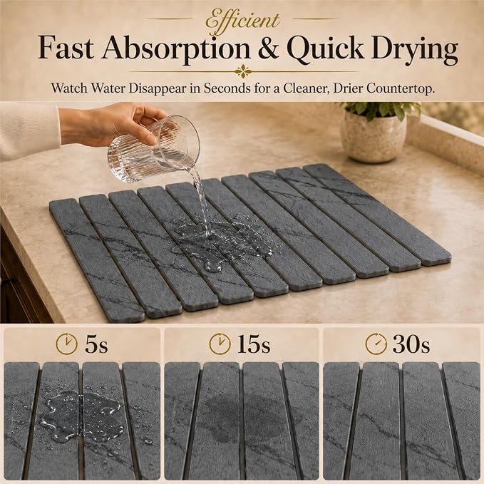 2 PCS Large Stone Dish Drying Mat for Kitchen Counter, 24" x 16" Diatomaceous Earth Dish Mat with 8" x 4" Coaster, Quick Dry Foldable Absorbent Mat for Dishes, Cups, Bottles (Dark Gray)