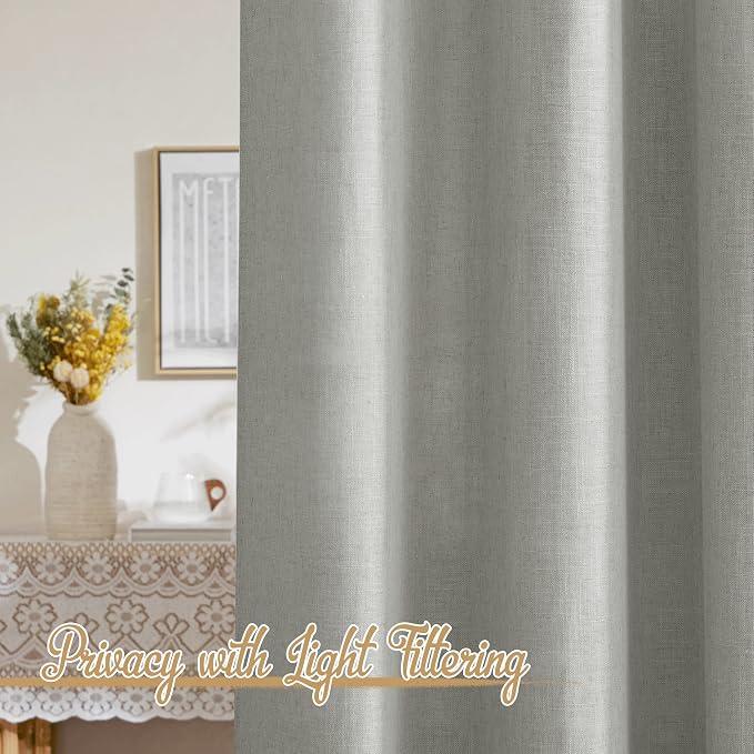 NICETOWN Linen Gray Curtains 84 inches Length 2 Panels Set, Rod Pocket & Back Tab Flax Linen Burlap Semi Sheer Eclectic Drapes Privacy with Light Filtering for Kids Room/Living Room, W52 x L84