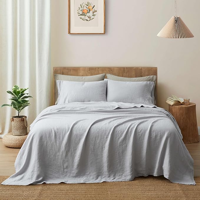 ATLINIA 100% Pure Flax Linen Bedding Set - Stone Washed French Linen Fabric Deep Pocket Fitted Sheet Farmhouse Flat Sheet 2 Pillowcases (Light Grey, California King)