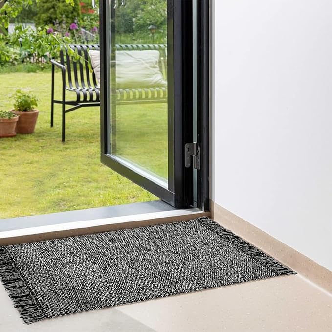 Collive Kitchen Runner Rug, 2' x 4.3' Cotton Hand-Woven Reversible Washable Rug, Black Bathroom Rugs Modern Farmhouse Hallway Carpet for Foyer Bedroom Entry Back Door Decor