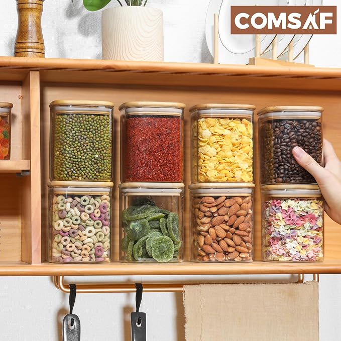 ComSaf Airtight Glass Storage Canister with Wood Lid (37oz) - 27 oz Glass Food Storage Jars Set of 6
