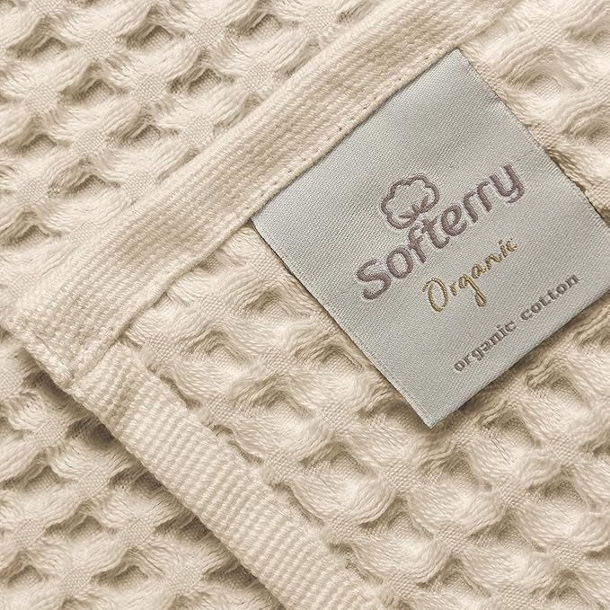 Softerry European Waffle Weave Bath Towel Set - 100% Organic Cotton - Quick Dry Lint Free Thin and Absorbent - Fade Resistant - Eco-Friendly (Set of 2 Bath, Natural)