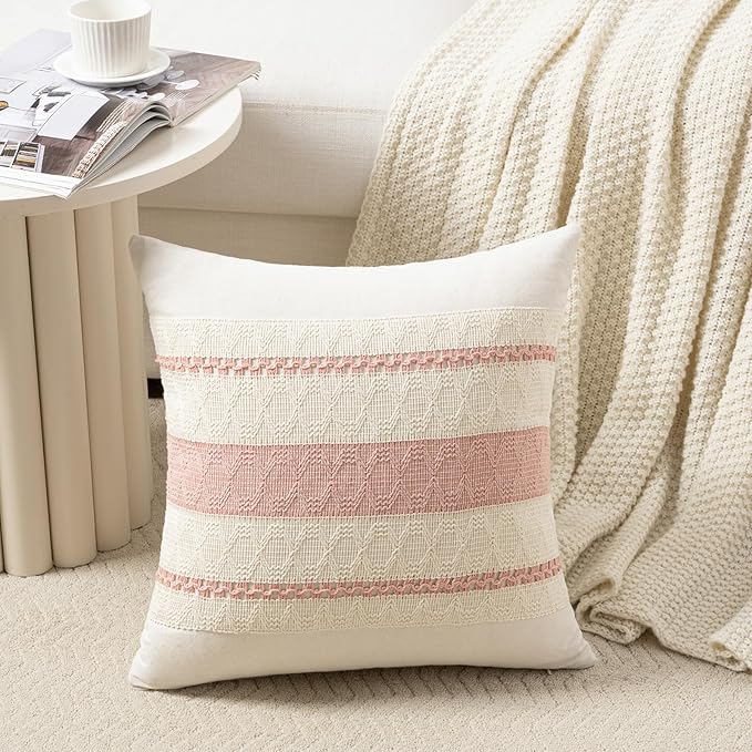 Fancy Homi Set of 2 Boho Pink Decorative Throw Pillow Cover 16x16 Inch for Couch Bed Sofa, Aesthetic Modern Organic Farmhouse Home Decor, Soft Cotton Cute Accent Macrame Woven Cushion Case