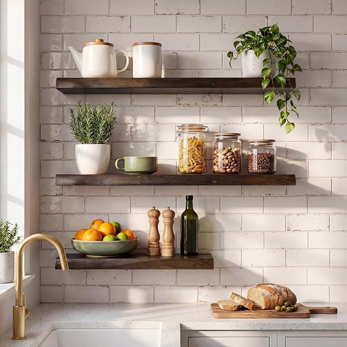 36" Live Edge Floating Shelves, Solid Elm Wood Shelf, Set of 2 | 1.4"Extra Thick, 9.3" Deep Heavy Duty Storage, FSC Certified Rustic Brown Finish for Kitchen & Coffee Bar