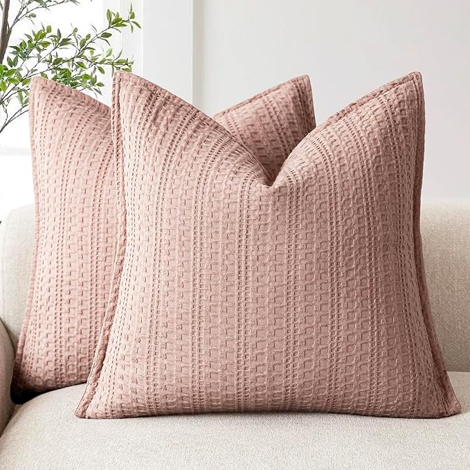 Foindtower Set of 2 Decorative Cotton Waffle Weave Throw Pillow Covers Euro Shams Cushion Covers Accent European Pillowcase for Bed Couch Sofa Bedroom Living Room Home Decor 26×26 Inch Dusty Pink