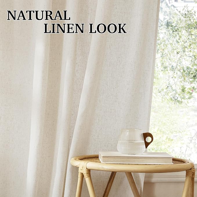 RYB HOME 108 inches Long Farmhouse Boho Curtains, Semi Sheer Thick Linen Light Filtering Floor to Ceiling Curtains for Living Room Glass Door Window, Natural Beige, 2 Panels