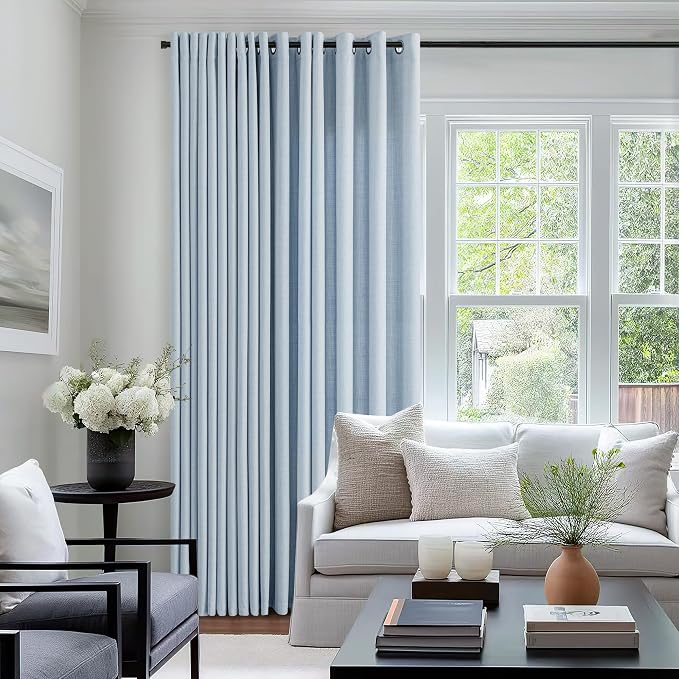 92 Inch Light Blue Curtains for Living Room Faux Linen Semi Sheer Light Filtering Privacy Bronze Grommet Modern Coastal Bohemian Bluey Curtains for Girls Kids Room 92 Inches Long 2 Panels Set