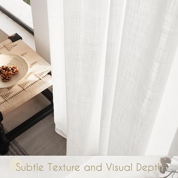 White Curtains 102 inches Long 2 Panels Back Tab Light Filtering Cotton Textured Curtain Modern Farmhouse Coastal Decor Off White Linen Drapes 102 inch Length for Patio Sliding Door Office Bedroom