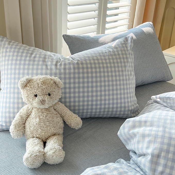 mixinni Light Blue Gingham Duvet Cover Set Twin XL Size - 100% Washed Cotton 3 Piece Plaid Checkered Bedding Set, Soft Comfy Grid Farmhouse Comforter Cover with Zipper Closure & Corner Ties