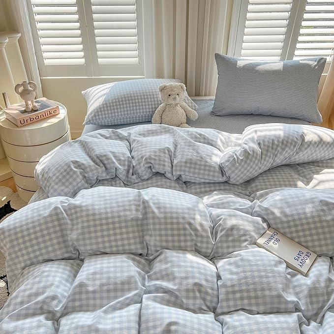 mixinni Light Blue Gingham Duvet Cover Set King Size - 100% Washed Cotton 3 Piece Plaid Checkered Bedding Set, Soft Comfy Grid Farmhouse Comforter Cover with Zipper Closure & Corner Ties