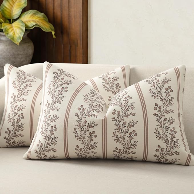 Vintage Throw Pillow Covers 12x20 Set of 2, Striped Floral Pillow Cover Botanical Patterned Decorative Cushion Covers Modern Farmhouse Home Decor for Sofa Couch Bed Living Room, Almond