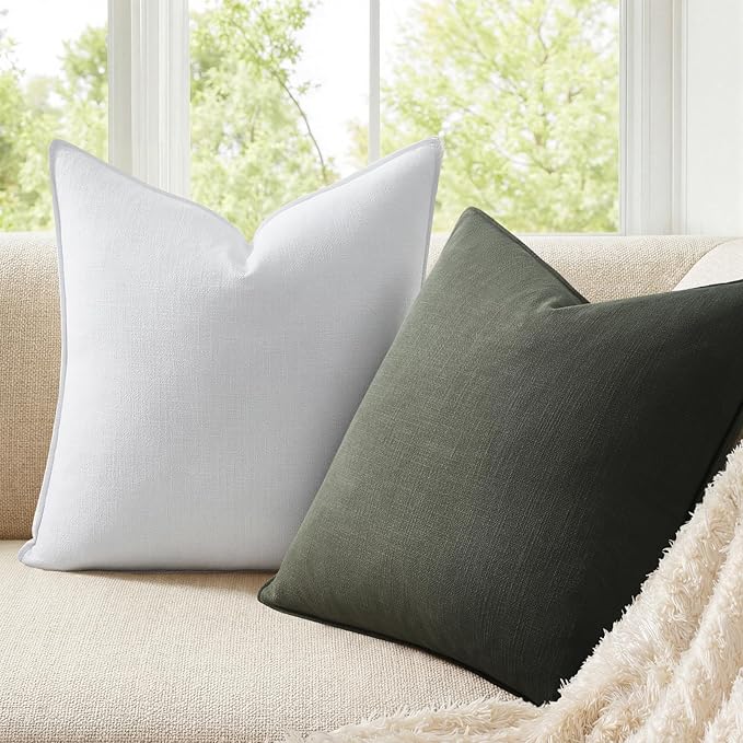 Linen Green Pillow Covers with Flange Design Pack of 4 Decorative OliveGreen Throw Pillow Covers Soft Accent Boho Couch Pillowcases Farmhouse for Living Room Bed Sofa 16x16 Inch