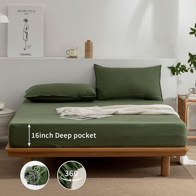 EVERLY Linen California King Size Sheets Set, 100% Stonewashed French Linen Bed Sheets Deep Pocket Sheets, 4 Pieces (1 Flat Sheet, 1 Fitted Sheet, 2 Pillowcases) Natural Flax Bedding Set-Mossy Green