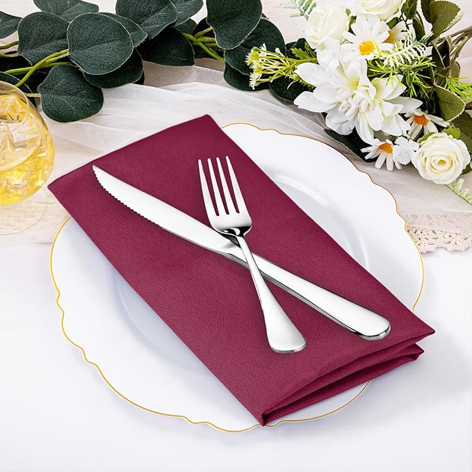 SuperO Set of 120 Cloth Napkins 17 x 17 Inch, Polyester Solid Washable Dinner Napkins with Hemmed Edges,Great for Restaurant, Wedding and Party(Burgundy)