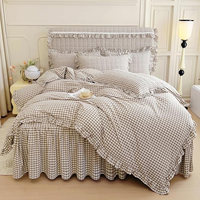 mixinni Tan Gingham Ruffle Duvet Cover Full Size 3 Pieces – 100% Washed Cotton, Vintage Plaid Ruffled Bedding Set with Zipper Ties, Soft Cream Checkered Grid Farmhouse Chic Comforter Cover Set