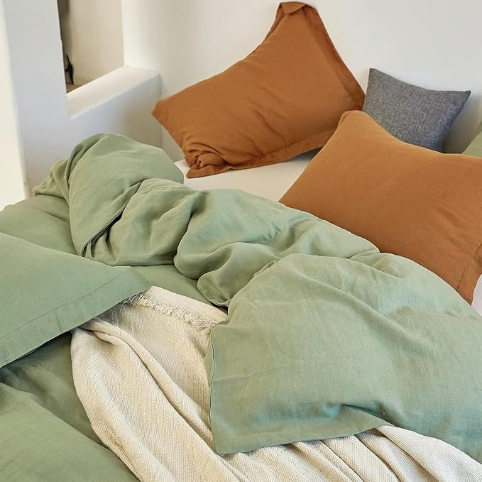 Simple&Opulence 100% Linen Duvet Cover Set 2pcs Natural French Basic Style Washed Flax Solid Color Breathable Soft Farmhouse Bedding with Button Closure (Sage Green, Twin)