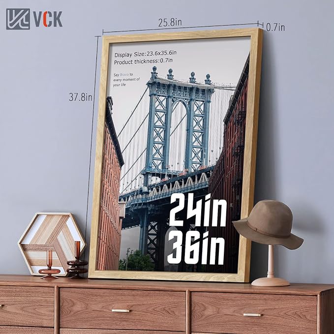 VCK 24x36 Poster Frame Natural Solid Wood 3 Pack, Exclusive Wood Grain Wall Hanging Picture Frame for Home Decoration