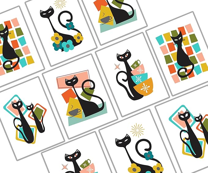 Mid Century Modern Cats Greeting Cards - Set of 10 All Occasion 5x7 Note Cards with Envelopes. Blank Inside. Assorted Modern Abstract Mid-Century Designs.