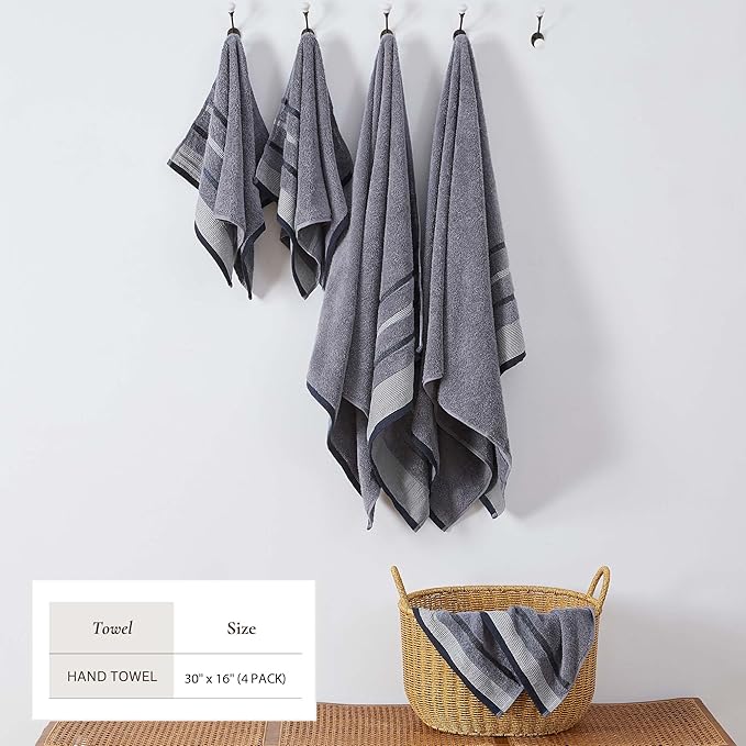 Great Bay Home Decorative Hand Towel Set - Cotton 4 Pack 26x16 Hand Towel Set - Durable Towels for Bathroom Decor (Chambray Blue/White/Navy Blue)