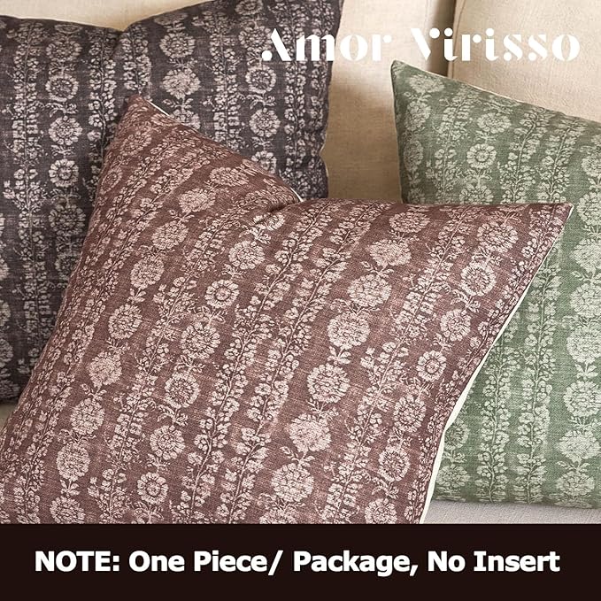 Amor Virisso Vintage Floral Throw Pillow Covers 20x20 Striped Farmhouse Block Print Pillow Cover Boho Neutral Decorative Pillows for Living Room Bed, Brown