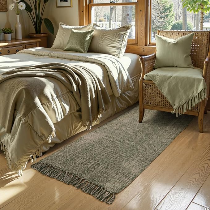 Collive Washable Runner Rugs for Hallways, 2' x 5' Natural/Green Entryway Runner Rug Soft Hand-Woven Contemporary Modern Laundry Room Indoor Carpet for Bathroom Bedroom Kitchen Front Door