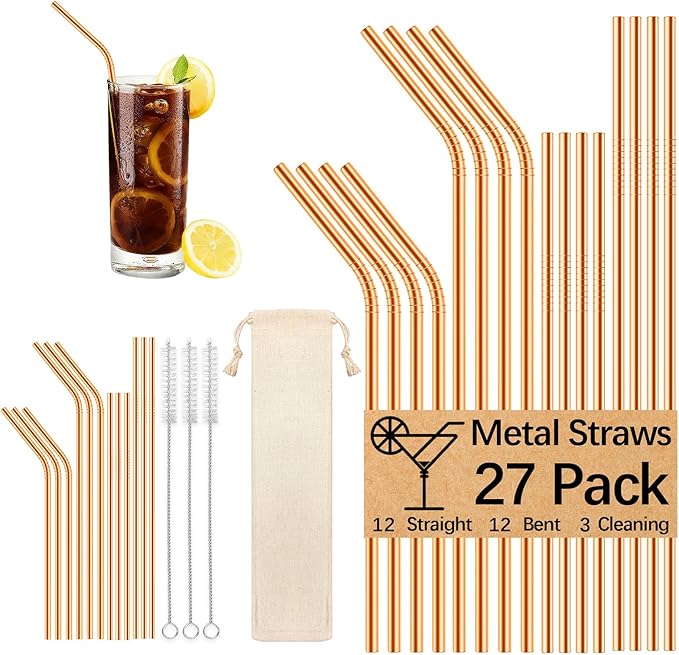 27 Pack metal straws reusable,12 Straight +12 Bent 3 Pcs Cleaning Brushes Included,stainless steel straws for 20oz and 30oz Tumblers Dishwasher Safe