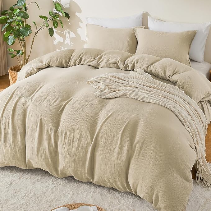 EMME Muslin Cotton Duvet Cover Set King Size Linen Like Soft Breathable Lightweight Summer Comforter Cover Set with Zipper Closure (King, 104"x90")