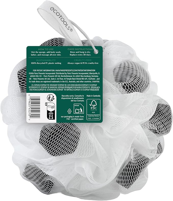 EcoTools Lathering EcoPouf Body Loofah, Exfoliating Shower Sponge Made with 100% Recycled Netting, Bath Pouf for Rich Lather, 1 Count