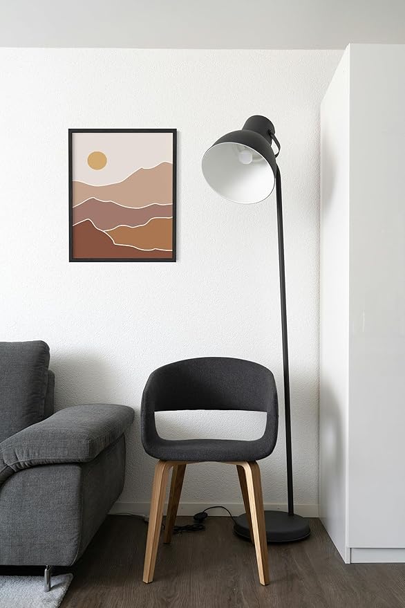 Abstract Mountain Landscape Wall Art Sun Rolling Hills Earth Tones Terracotta Mid Century Modern 11x14 Inch Oak Wood Black Framed Minimalist Scenery Print for Nursery Decor