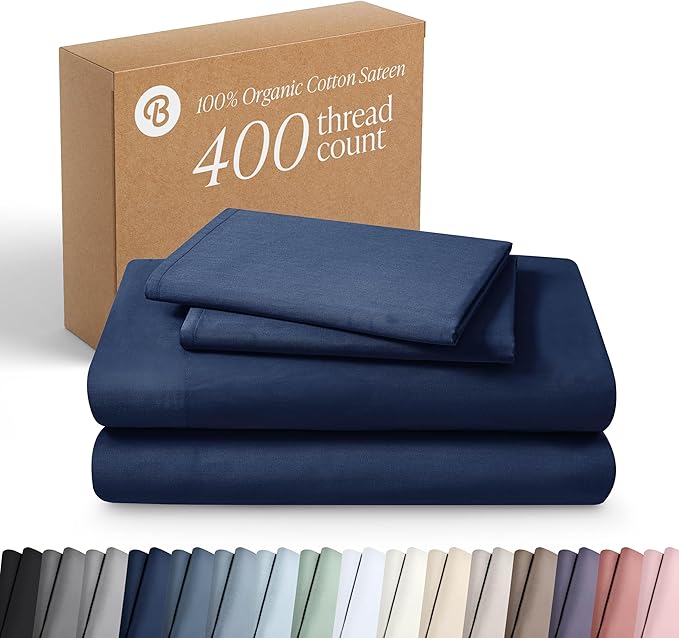 Bare Home 100% Organic Cotton Queen Sheet Set - 400 Thread Count - Smooth Sateen Weave - Breathable & Cooling - Hotel Luxury Set - Deep Pocket Bed Sheets (Queen, Dark Blue)