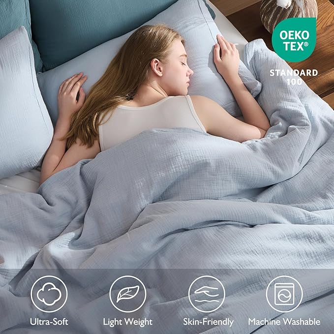 EMME Muslin Cotton Duvet Cover Set Queen Size Linen Like Soft Breathable Lightweight Summer Comforter Cover Set with Zipper Closure (Blue, Queen, 90"x90")