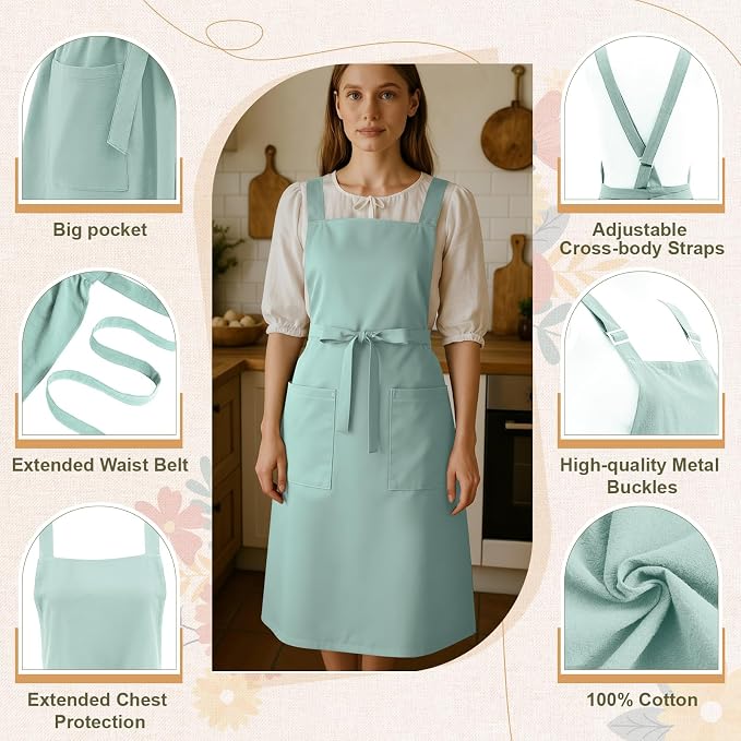 100% Cotton Aprons with Pockets Pinafore Dress for Women Vintage Cute Aprons for Kitchen Baking Gardening Painting
