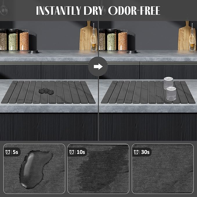 Extra Large Stone Dish Drying Mat for Kitchen Counter, 28"(L)×16 "(W) Foldable Quick Dry Dish Drying Mats, Absorbent Diatomaceous Earth Stone Drying Mats for Plate Rack Bottles Cups - Gray Marble